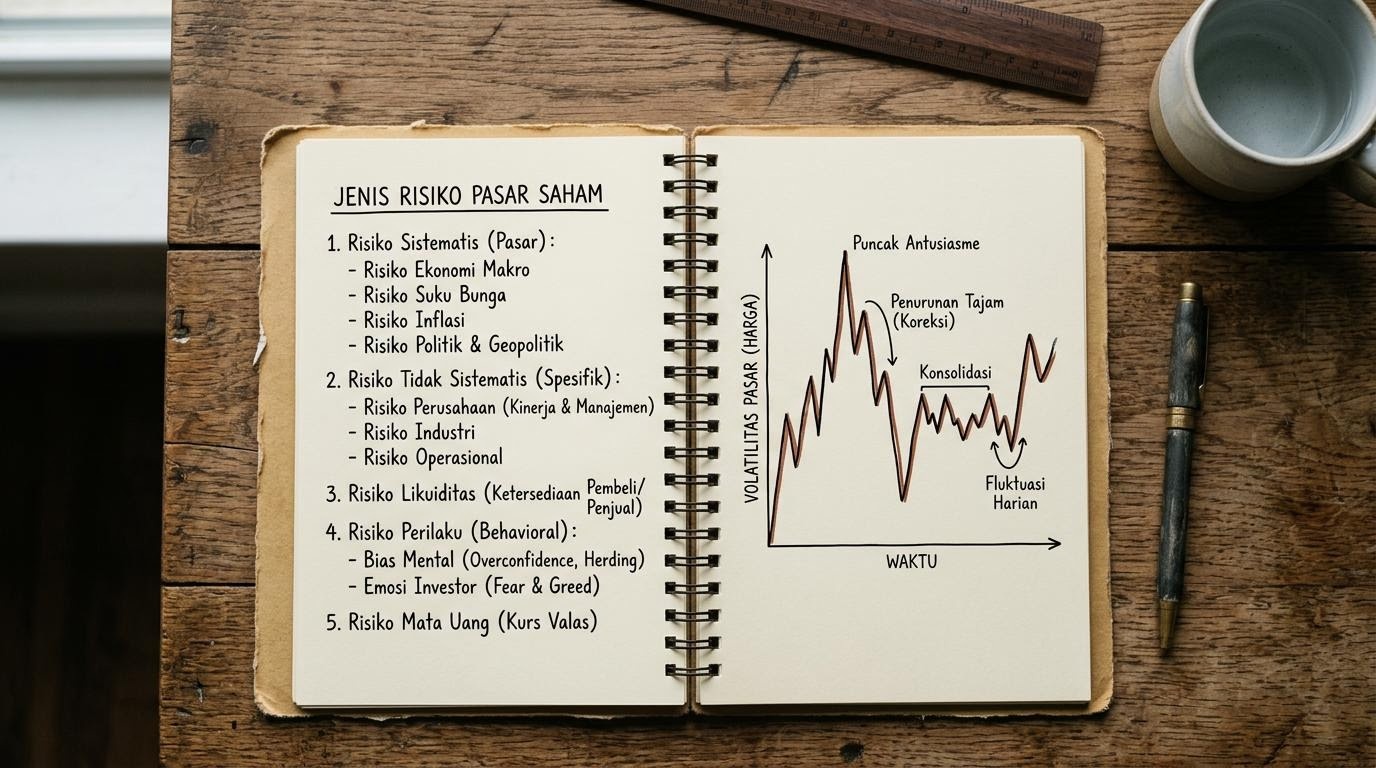 Buku catatan terbuka berisi rangkuman jenis risiko pasar saham dengan grafik fluktuasi sederhana