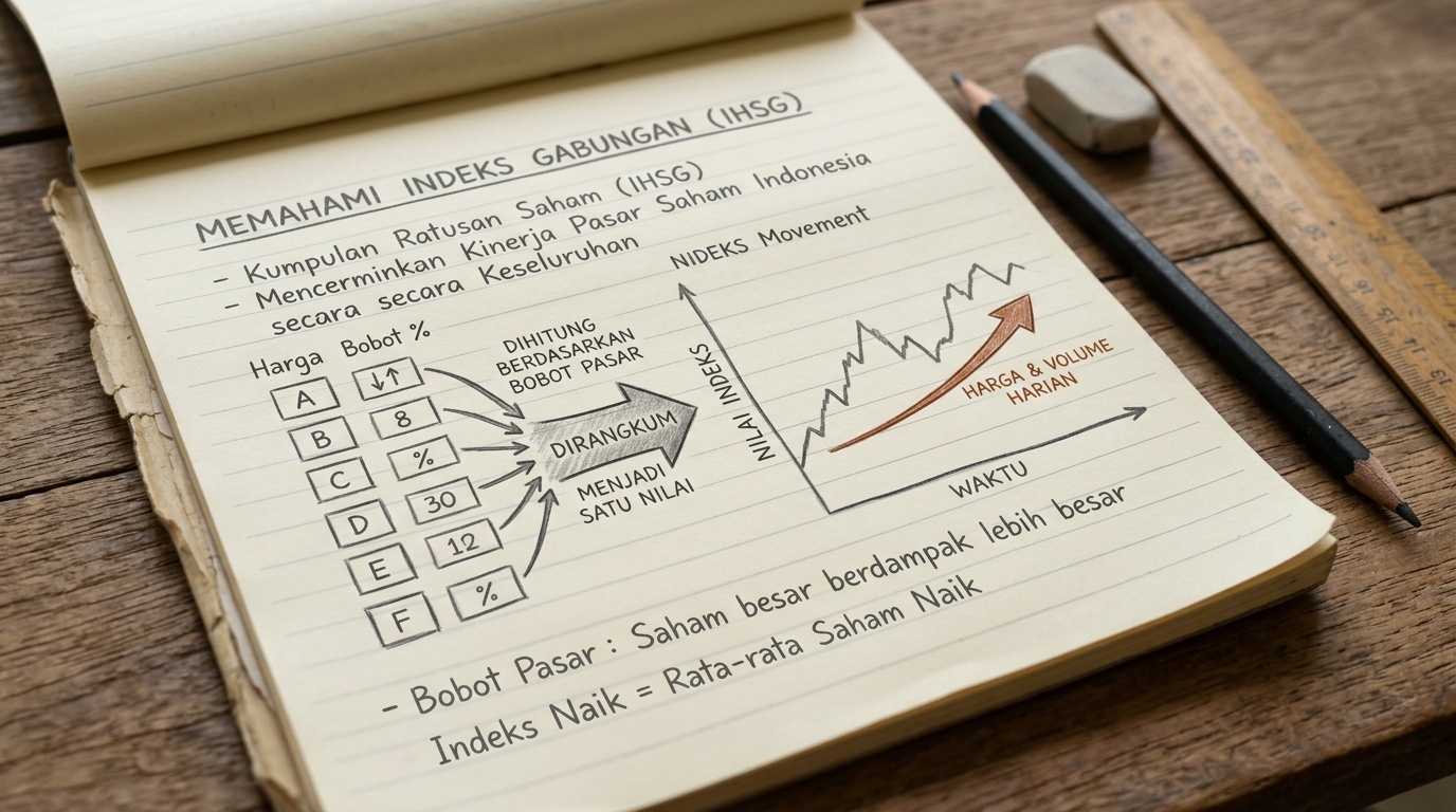 Catatan tangan yang menjelaskan komponen indeks IHSG di samping grafik garis sederhana