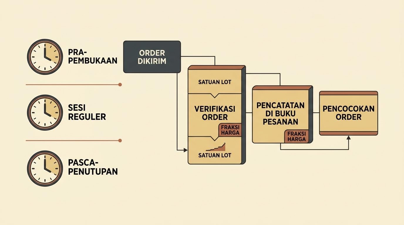Ilustrasi alur sesi perdagangan di Bursa Efek Indonesia dengan jam dan tahapan order