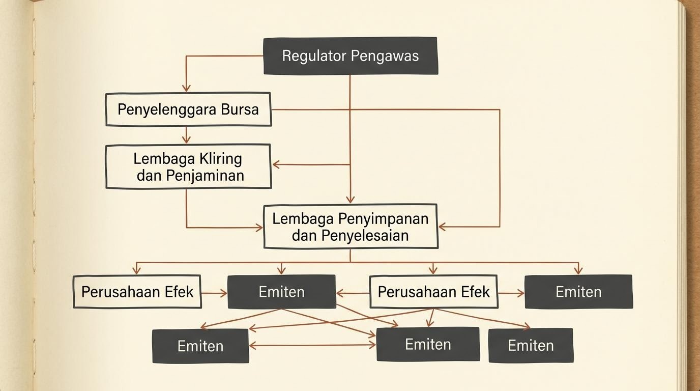 Diagram sederhana yang menggambarkan lapisan lembaga di pasar modal Indonesia
